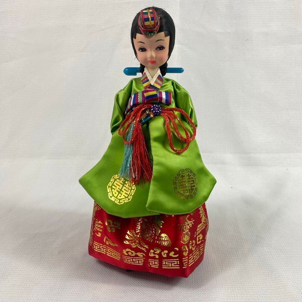 Vintage Korean Native Hanbok Doll Green Red Silk Dress Embroidered Folk Art